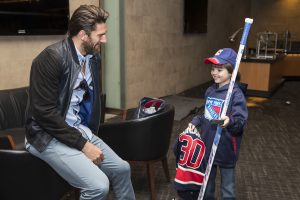 The NY Rangers practice at Madison Square Garden during the second round of the 2017 Stanley Cup Playoffs. After practice, Henrik Lundqvist meets 8 year old Jaxson.