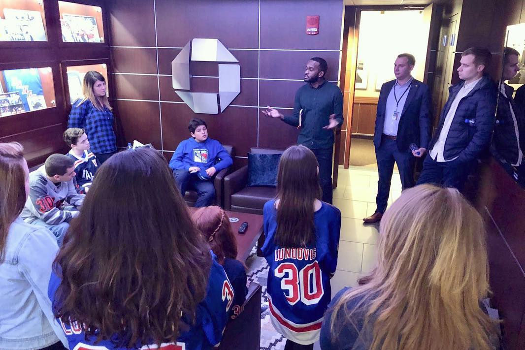 Last week our HLF Young Ambassadors attended a Service Learning Event hosted by Chase. After a career chat, YAs cheered for the New York Rangers and ended the night with HLF co-founder Henrik Lundqvist in the Rangers locker room! 
[Photo credit: Rebecca Taylor/MSG Photos]