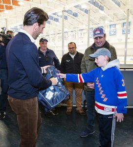 October 26, 2019: The Henrik Lundqvist Foundation, through GDF, presents a $50,000 check to Cohen Children’s Medical Center after the Rangers practice at the MSG Training Center.