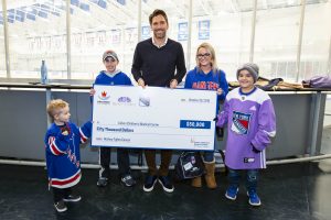 October 26, 2019: The Henrik Lundqvist Foundation, through GDF, presents a $50,000 check to Cohen Children’s Medical Center after the Rangers practice at the MSG Training Center.