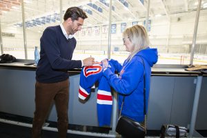 October 26, 2019: The Henrik Lundqvist Foundation, through GDF, presents a $50,000 check to Cohen Children’s Medical Center after the Rangers practice at the MSG Training Center.