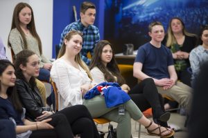 April 24, 2018: Young Ambassadors from the Henrik Lundqvist Foundation meet Henrik and Therese Lundqvist and talk about the various service projects they completed during the year.