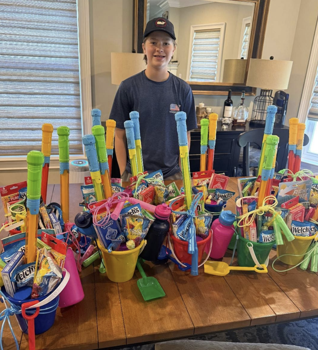 Liam Emmer with the activity buckets he put together